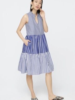 J.Crew Sleeveless Tiered Popover Dress in Mixed Stripe Blue Medium